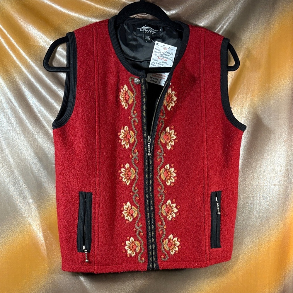 Icelandic wool Red Vest with Floral Embroidery. Box 131